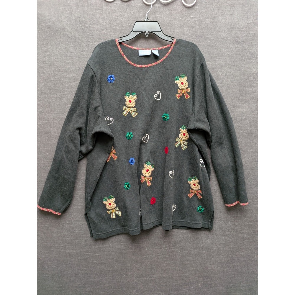 Liz & Me Black Holiday Sweater Rudolph Ugly Christmas Sweater Vintage Grandma 3X